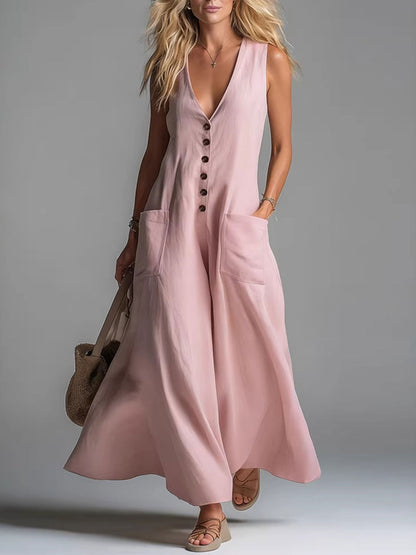 🔥Summer Arrivals🌟Women's Casual Pocket Deep V-neck Solid Color Casual Dress