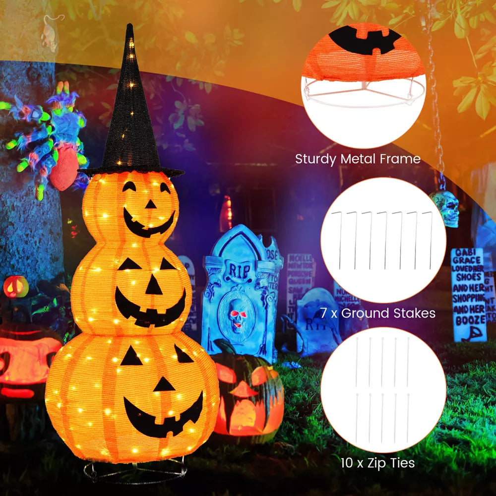 Tangkula Halloween Light Up Pumpkin Decoration Stacked Pumpkins with Witch Hat Build-in LED Lights Pop Up Jack-o-Lantern