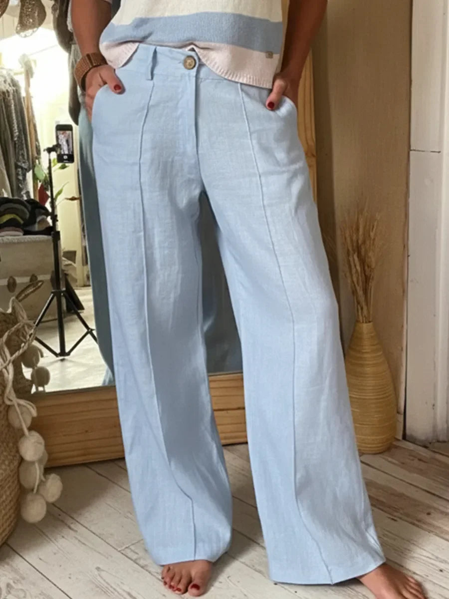 🔥Summer Arrivals🌟Classic Wooden Button Solid Color Linen Trousers