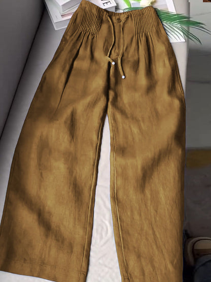 🔥Summer Arrivals🌟Women's Solid Color Pleated Drawstring Casual Cotton and Linen Wide Leg Pants