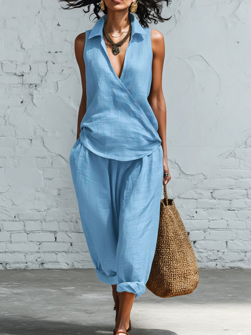 🔥Summer Arrivals🌟Minimalist Collared Shirt And Wide-leg Pant Linen Two-piece Set