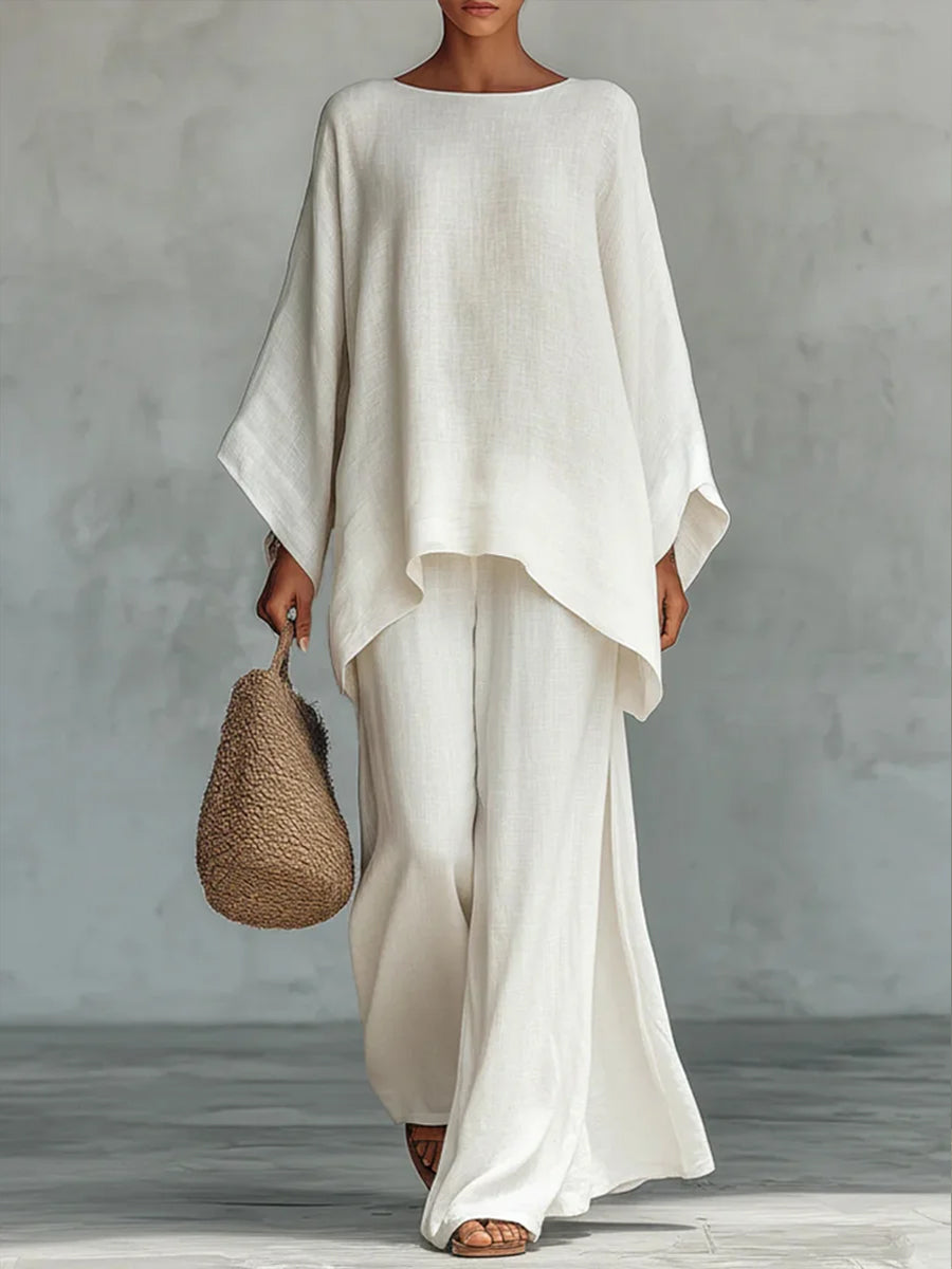 🔥Summer Arrivals🌟Women's Round Neck Long Sleeve Wide-leg Casual Irregular Hem Two-piece Pants Set