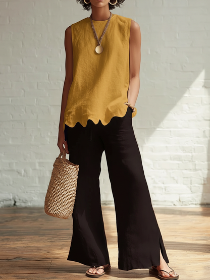 🔥Summer Arrivals🌟Elegant Minimalist Wavy Hem Shirt And Trousers Two-piece Set