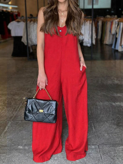 🔥Summer Arrivals🌟Women's Solid Color V-neck Sleeveless Casual Loose Cotton And Linen Jumpsuit