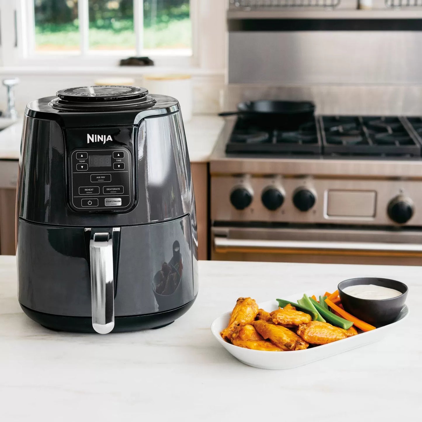 4 Quart Air Fryer with Reheat & Dehydrate, Black, Silver, AF100WM