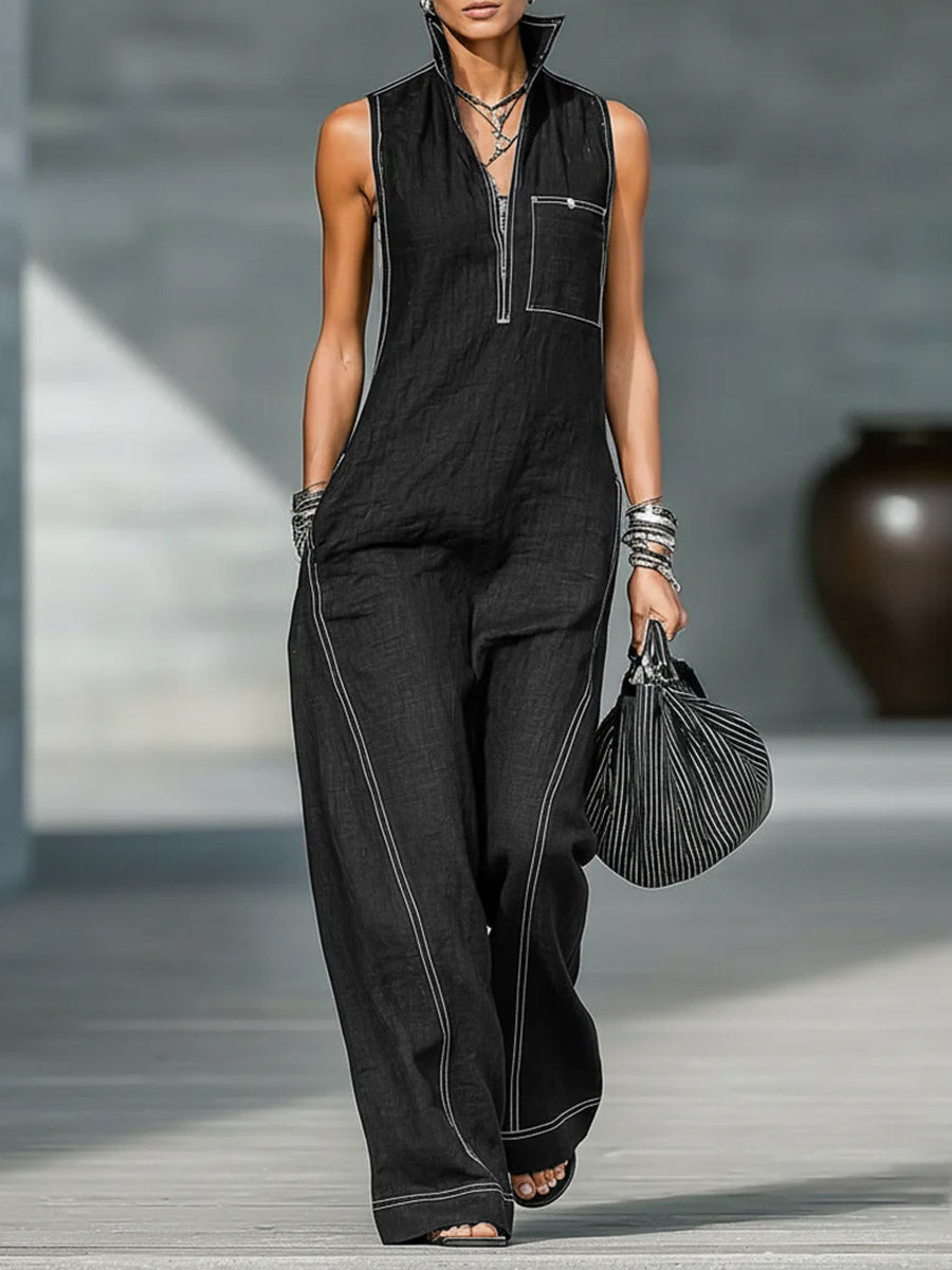 🔥Summer Arrivals🌟Women's Stand-collar Sleeveless Casual Loose Cotton And Linen Jumpsuit
