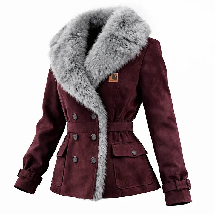 🔥𝗖𝗹𝗲𝗮𝗿𝗮𝗻𝗰𝗲 𝗦𝗮𝗹𝗲🌟Women's Elegant Double-breasted Burgundy Suede Coat With Fur Collar