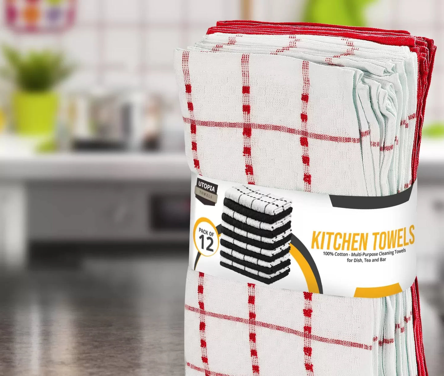Kitchen Towels 12 Pack, 15 x 25 Inches, 100% Ring Spun Cotton Super Soft and Absorbent Linen Dish Towels, Tea Towels and Bar Towels Set (Black)
