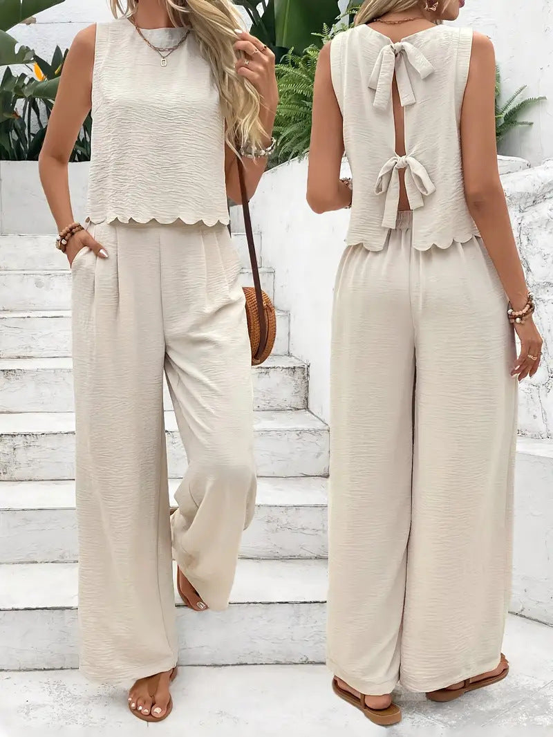 🔥Summer Arrivals🌟Women's Casual Round Neck Lace-up Top And Wide-leg Pants Set