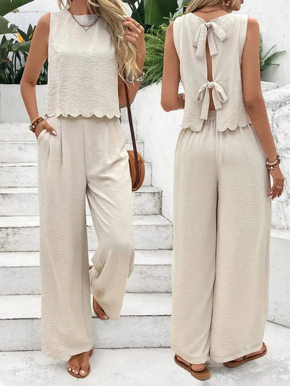 🔥Summer Arrivals🌟Women's Casual Round Neck Lace-up Top And Wide-leg Pants Set