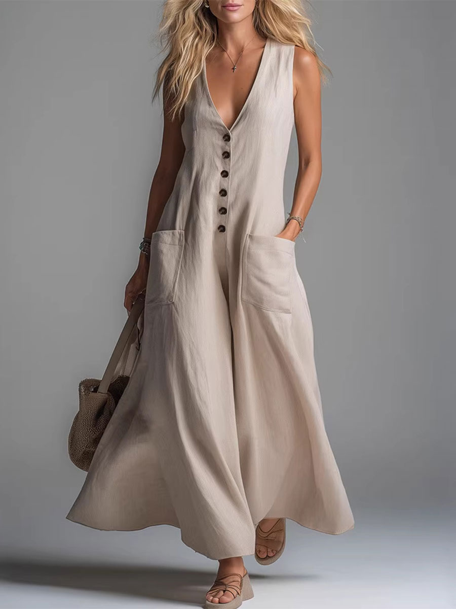 🔥Summer Arrivals🌟Women's Casual Pocket Deep V-neck Solid Color Casual Dress