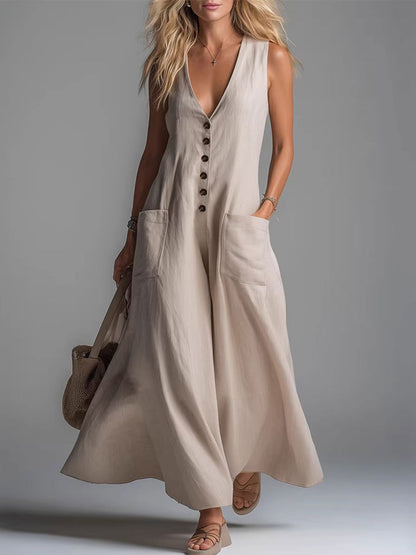 🔥Summer Arrivals🌟Women's Casual Pocket Deep V-neck Solid Color Casual Dress