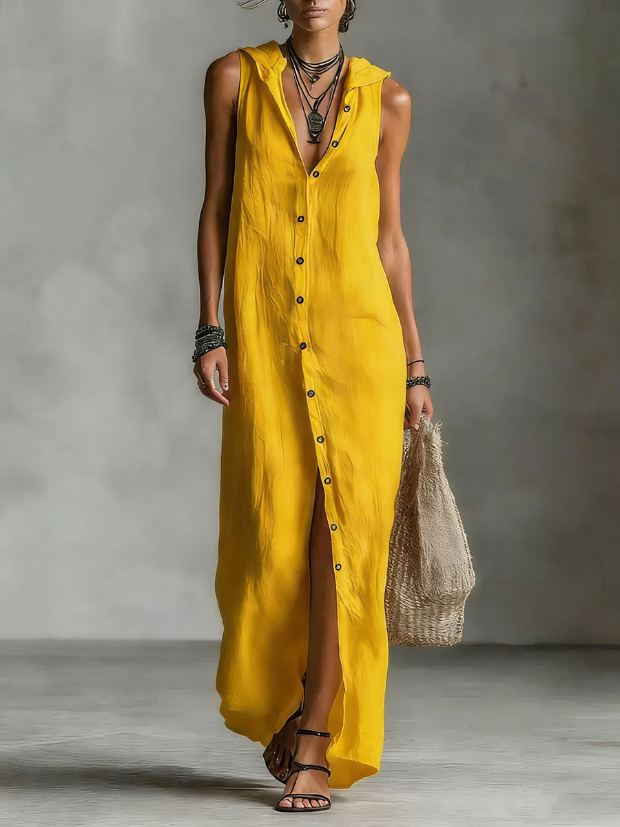 🔥Summer Arrivals🌟Women's Retro Hooded Solid Color Long-sleeved Cotton Linen Dress