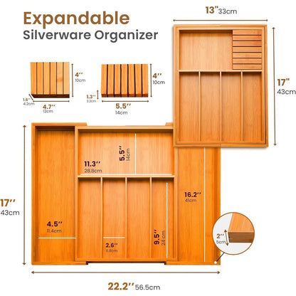 Utensil Organizer - Bamboo Expandable Silverware Organizer, Utensil Holder & Cutlery Tray with Divider and Removable Knife Block