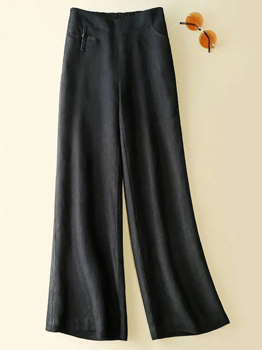 🔥Summer Arrivals🌟Women's Solid Color Button Half Elastic High Waist Casual Cotton and Linen Wide Leg Pants