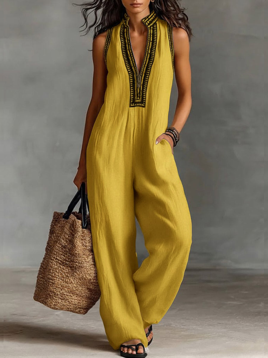 🔥Summer Arrivals🌟Women's V-neck Sleeveless Casual Loose Cotton And Linen Jumpsuit