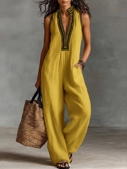 🔥Summer Arrivals🌟Women's V-neck Sleeveless Casual Loose Cotton And Linen Jumpsuit