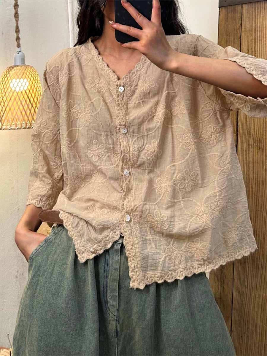 🔥Summer Arrivals🌟Women's V-neck Half Sleeve Embroidered Cardigan Buttoned Casual Linen Top