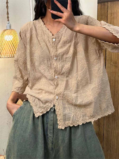 🔥Summer Arrivals🌟Women's V-neck Half Sleeve Embroidered Cardigan Buttoned Casual Linen Top