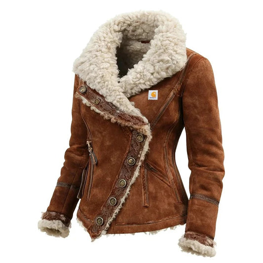 🔥𝗖𝗹𝗲𝗮𝗿𝗮𝗻𝗰𝗲 𝗦𝗮𝗹𝗲🌟Women's Vintage Suede Oblique Button Design Coat Fur Collar Lapel Coat Beggar Style Coat