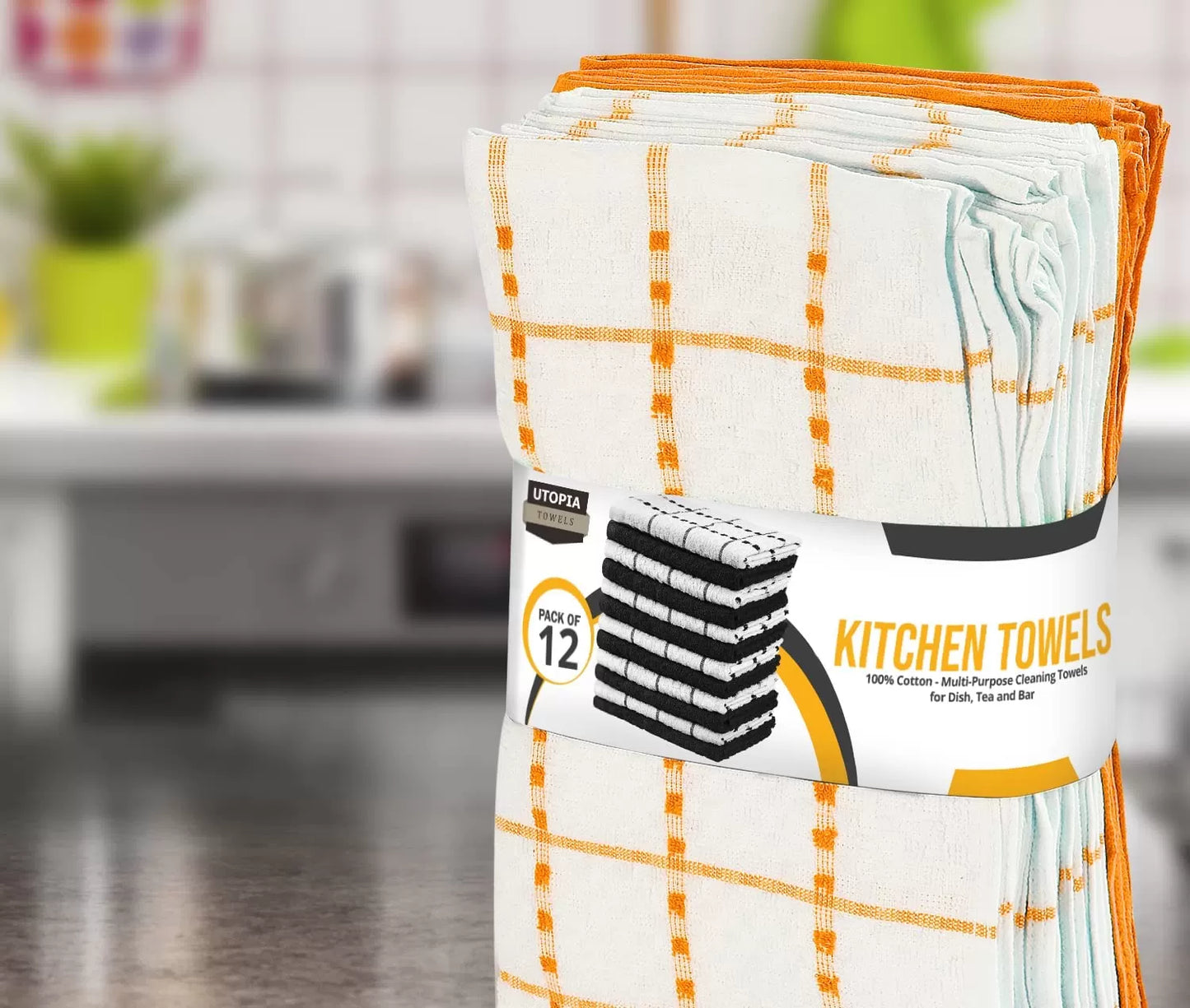 Kitchen Towels 12 Pack, 15 x 25 Inches, 100% Ring Spun Cotton Super Soft and Absorbent Linen Dish Towels, Tea Towels and Bar Towels Set (Black)