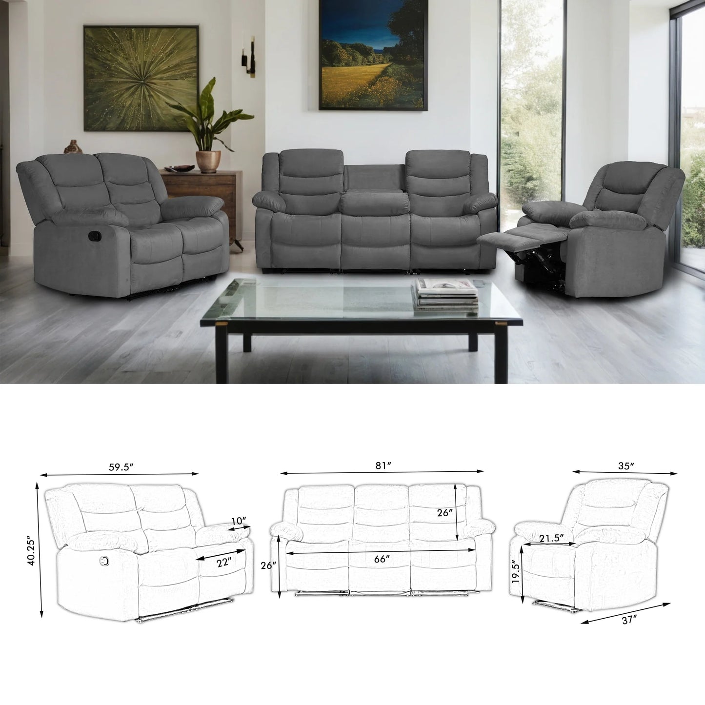 Modern 3-Piece Manual Reclining Living Room Sofa Set with Dropdown Table and Console