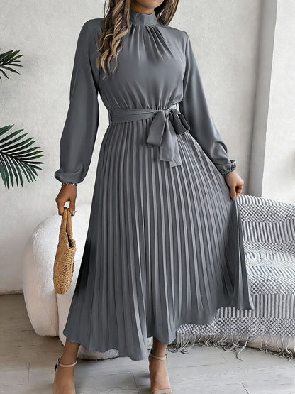 🔥Summer Arrivals🌟Women's Stand-up Collar Long-sleeved Lace Up Pleated Dress