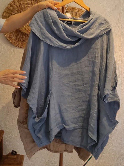 🔥Summer Arrivals🌟Women's Solid Color Draped Neck 3/4 Sleeve Comfortable Casual Linen Pocket Top