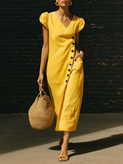🔥Summer Arrivals🌟Elegant V-neck Button-up Linen Midi Dress