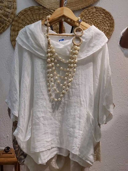 🔥Summer Arrivals🌟Women's Solid Color Draped Neck 3/4 Sleeve Comfortable Casual Linen Pocket Top