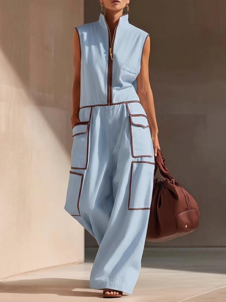 🔥Summer Arrivals🌟Casual Loose-fitting Color-blocked Workwear Jumpsuit