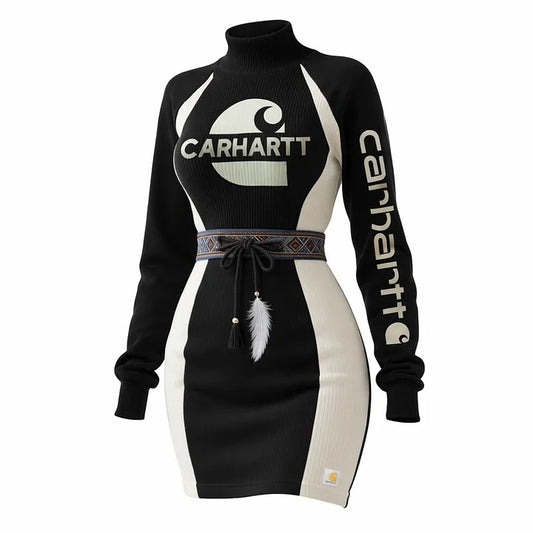 🔥𝗖𝗹𝗲𝗮𝗿𝗮𝗻𝗰𝗲 𝗦𝗮𝗹𝗲🌟High-Neck Colorblock Dress with Embroidered Logo and Feather Tassel Detail