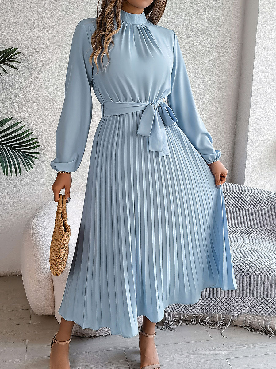 🔥Summer Arrivals🌟Women's Stand-up Collar Long-sleeved Lace Up Pleated Dress