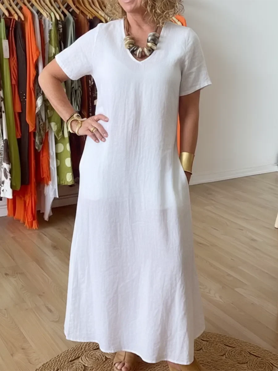 🔥Summer Arrivals🌟Elegant Diamond-neck Linen Midi Dress