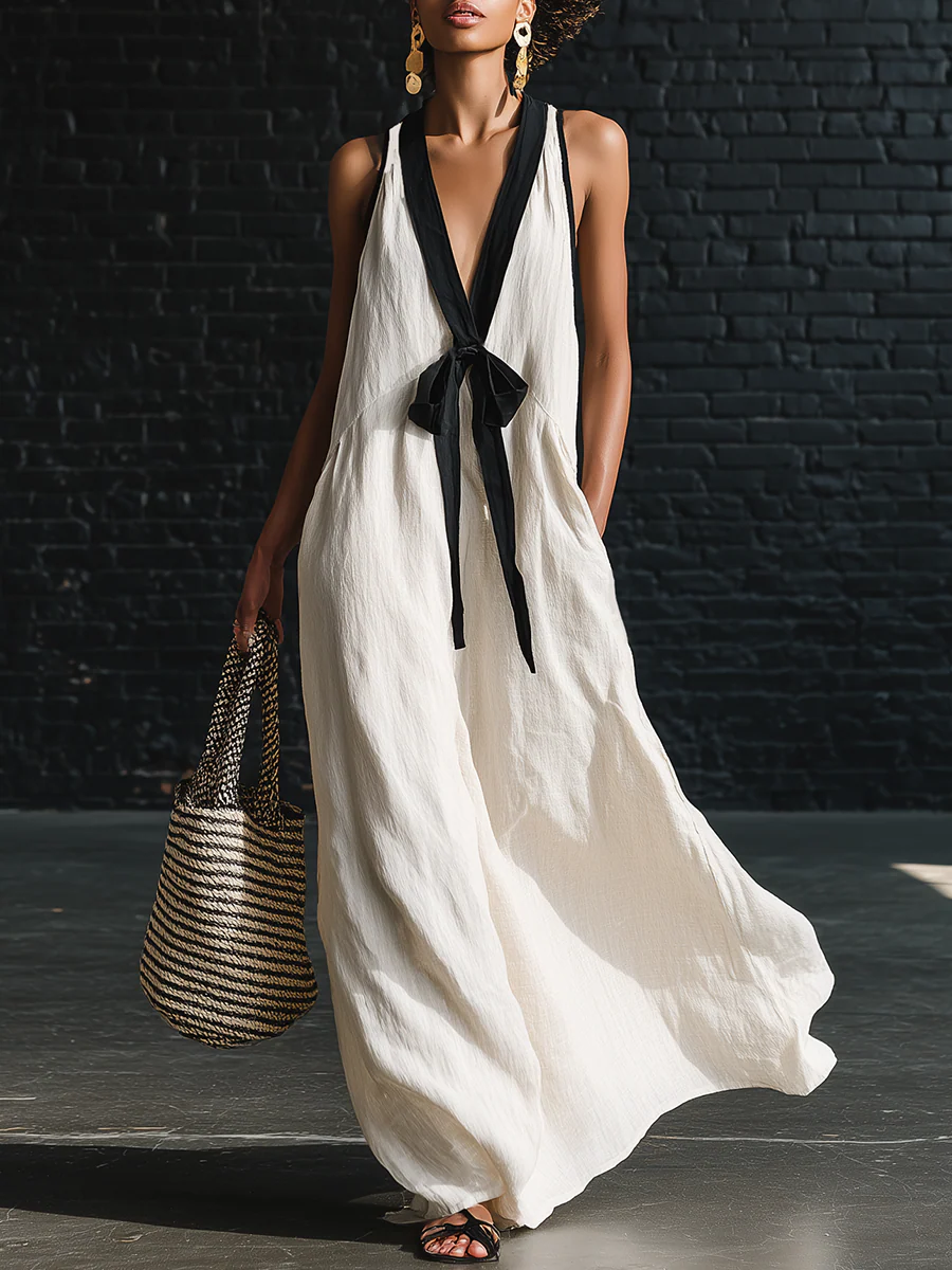 🔥Summer Arrivals🌟Classic Elegant Color-blocked Tie-neck Maxi Dress