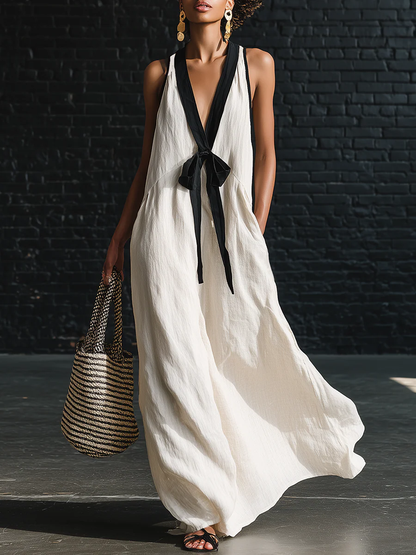 🔥Summer Arrivals🌟Classic Elegant Color-blocked Tie-neck Maxi Dress