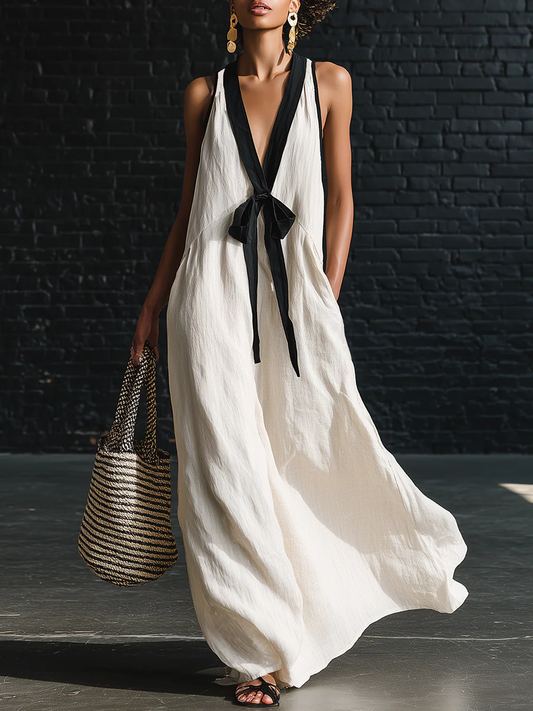 🔥Summer Arrivals🌟Classic Elegant Color-blocked Tie-neck Maxi Dress