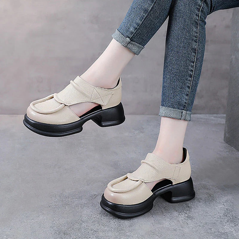 Women'S Thick Sole Hollow High Heeled Sandals With Velcro