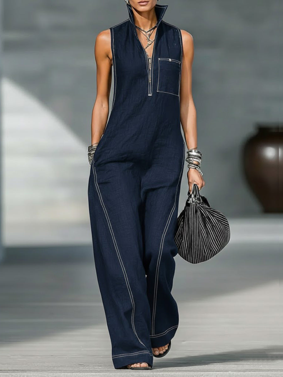 🔥Summer Arrivals🌟Women's Stand-collar Sleeveless Casual Loose Cotton And Linen Jumpsuit