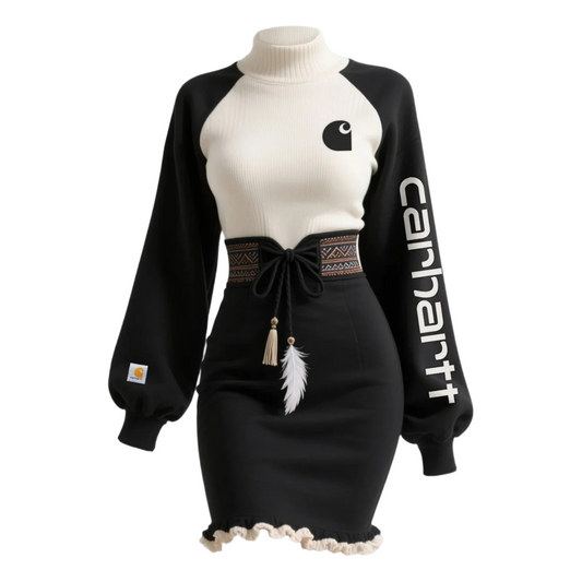 🔥𝗖𝗹𝗲𝗮𝗿𝗮𝗻𝗰𝗲 𝗦𝗮𝗹𝗲🌟High-Neck Colorblock Dress with Embroidered Logo and Feather Tassel Detail