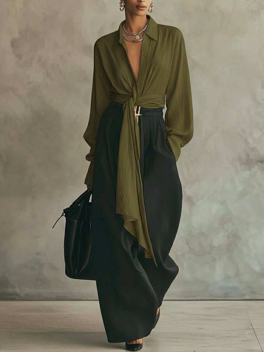 🔥Summer Arrivals🌟Elegant Minimalist Tie Shirt And Wide-leg Pants Two-piece Set