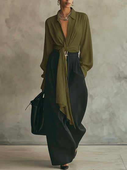 🔥Summer Arrivals🌟Elegant Minimalist Tie Shirt And Wide-leg Pants Two-piece Set
