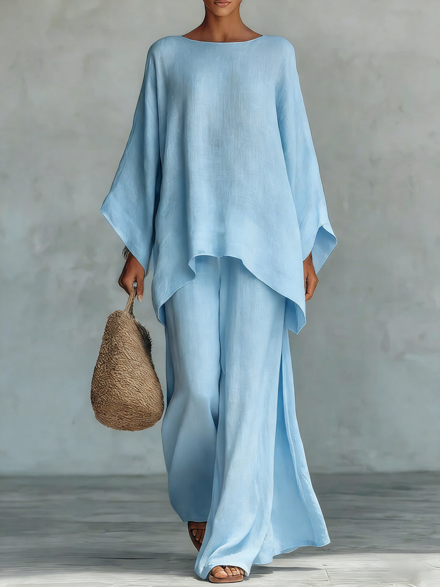 🔥Summer Arrivals🌟Women's Round Neck Long Sleeve Wide-leg Casual Irregular Hem Two-piece Pants Set