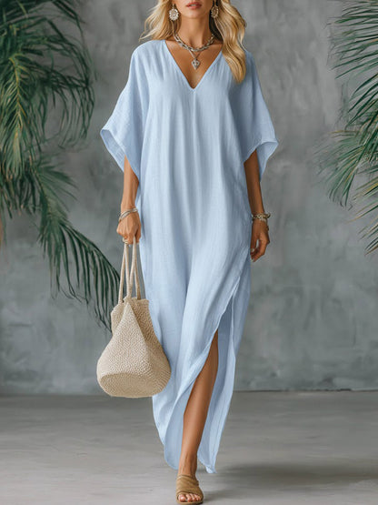 🔥Summer Arrivals🌟Women's Solid Color V-neck 3/4 Sleeve Casual Loose Cotton And Linen Dress