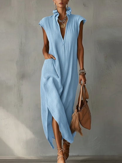 🔥Summer Arrivals🌟Women’s Ruffle Collar Cotton Linen Midi Dress – Elegant Summer Dress
