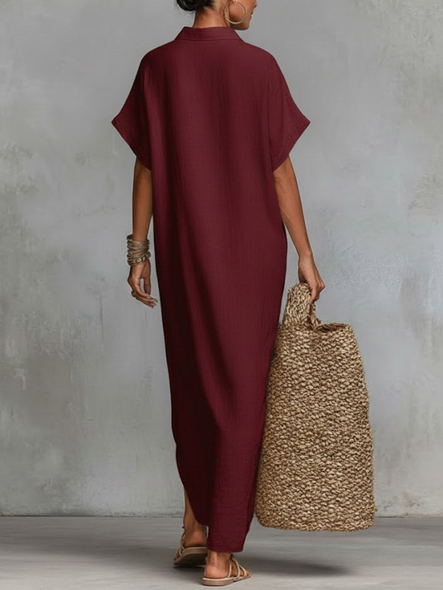 🔥Summer Arrivals🌟Women's Solid Color Collared Short-sleeved Casual Loose Linen Dress