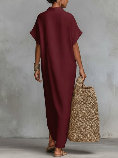 🔥Summer Arrivals🌟Women's Solid Color Collared Short-sleeved Casual Loose Linen Dress