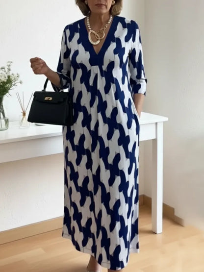 🔥Summer Arrivals🌟Elegant Art Print Color Block Trim V-neck Midi Dress