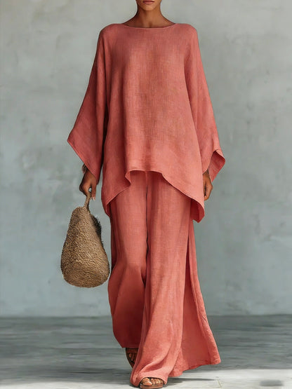 🔥Summer Arrivals🌟Women's Round Neck Long Sleeve Wide-leg Casual Irregular Hem Two-piece Pants Set