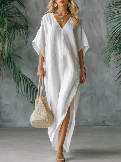 🔥Summer Arrivals🌟Women's Solid Color V-neck 3/4 Sleeve Casual Loose Cotton And Linen Dress
